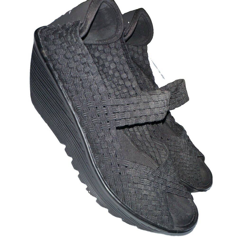 Skechers Women’s US 7 Black Woven Strappy Wedge Sandals Memory Foam Slip On